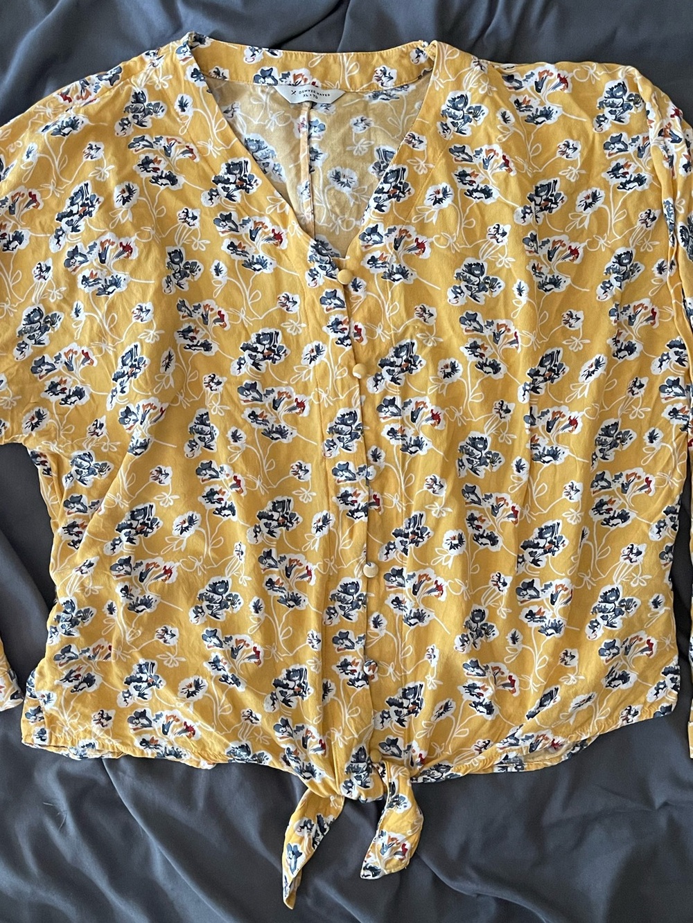 Denver Hayes Yellow Floral Tie-Front V-Neck Blouse